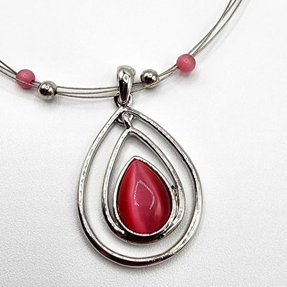 LIA SOPHIA COTTON CANDY Silver Pink Teardrop Floating Bead Signed Necklace